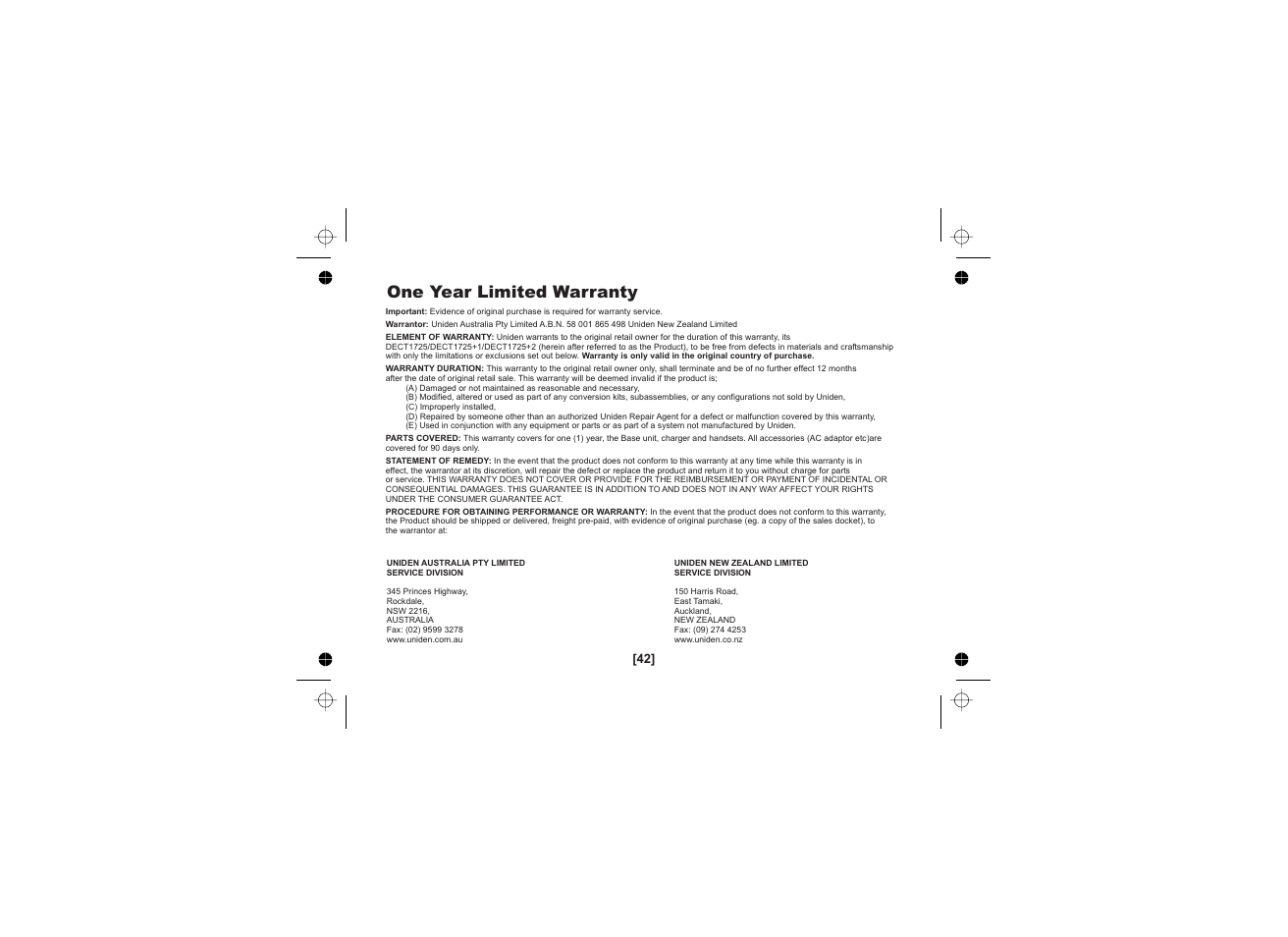 One year limited warranty | Uniden DECT1725 User Manual | Page 43 / 44