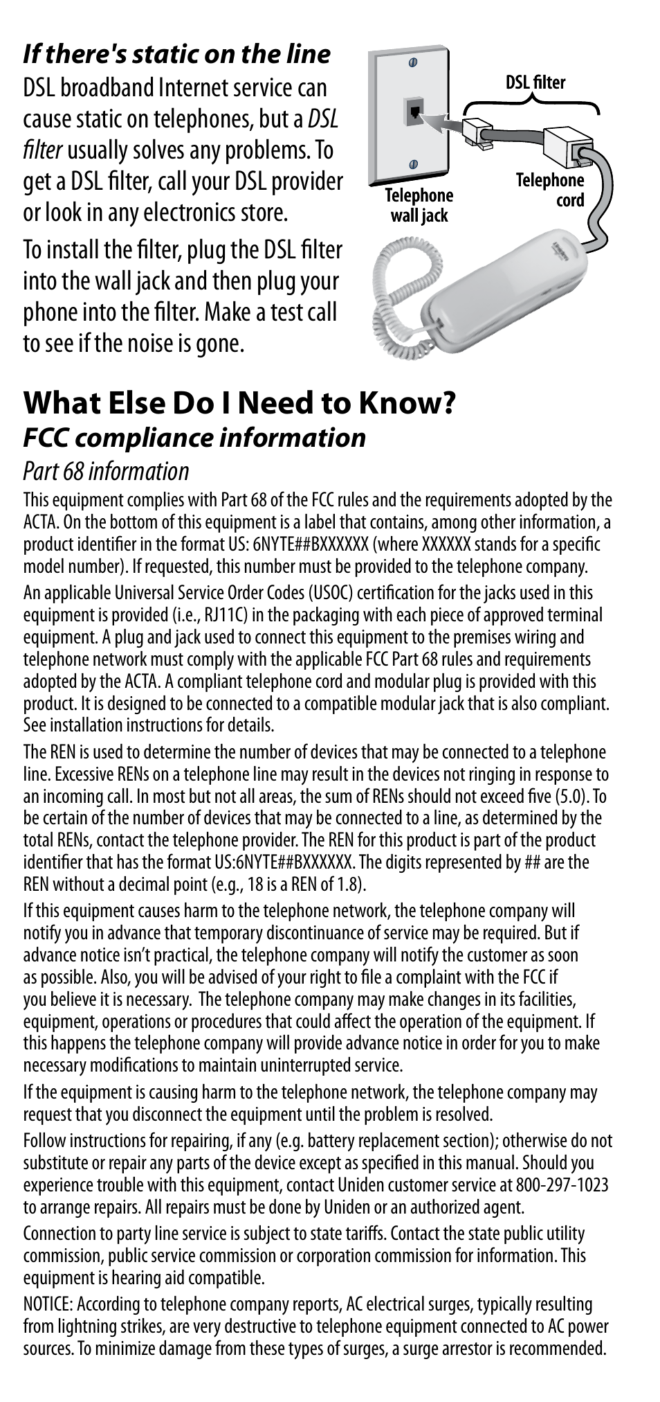 What else do i need to know, Fcc compliance information part 68 information | Uniden CEZ200 User Manual | Page 5 / 6