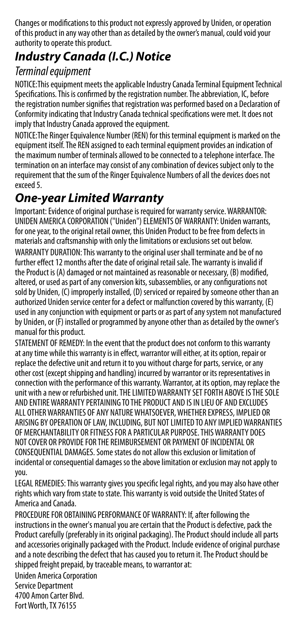 Industry canada (i.c.) notice terminal equipment, One-year limited warranty | Uniden CEZ200 User Manual | Page 6 / 6