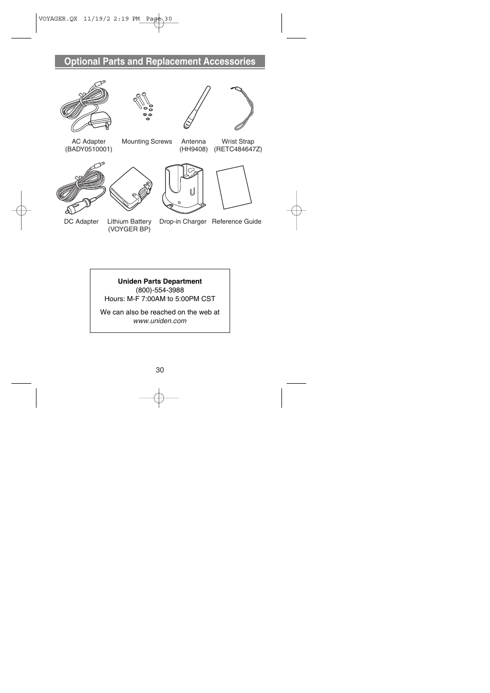 Optional parts and replacement accessories | Uniden VOYAGER User Manual | Page 32 / 40