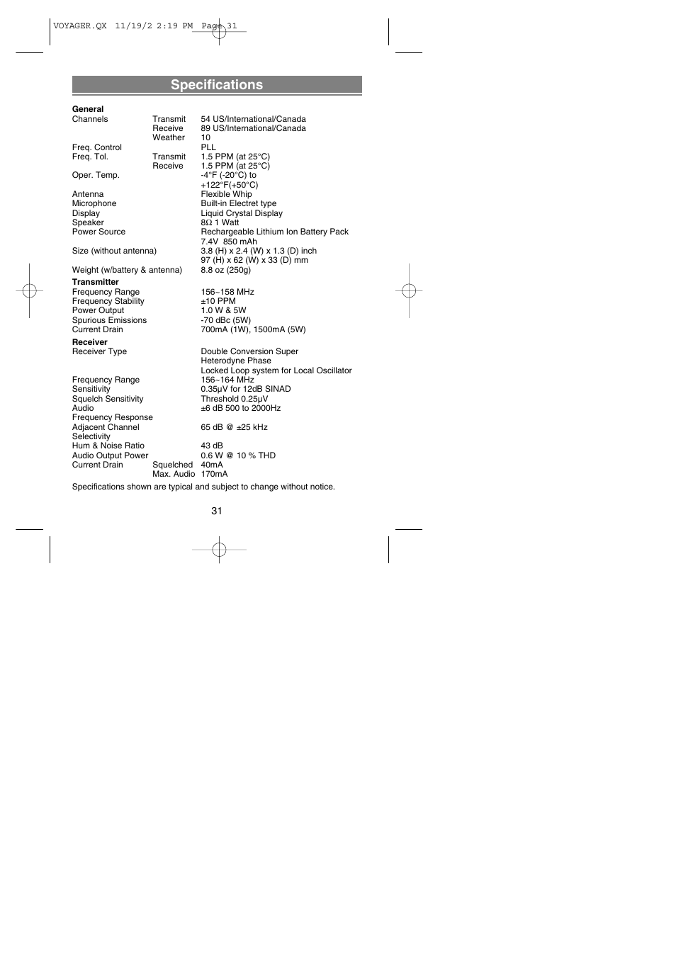 Specifications | Uniden VOYAGER User Manual | Page 33 / 40