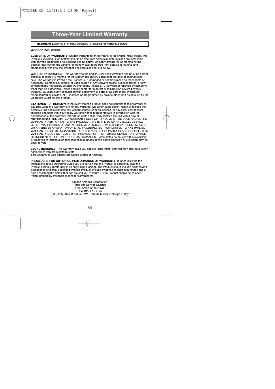 Three-year limited warranty | Uniden VOYAGER User Manual | Page 36 / 40