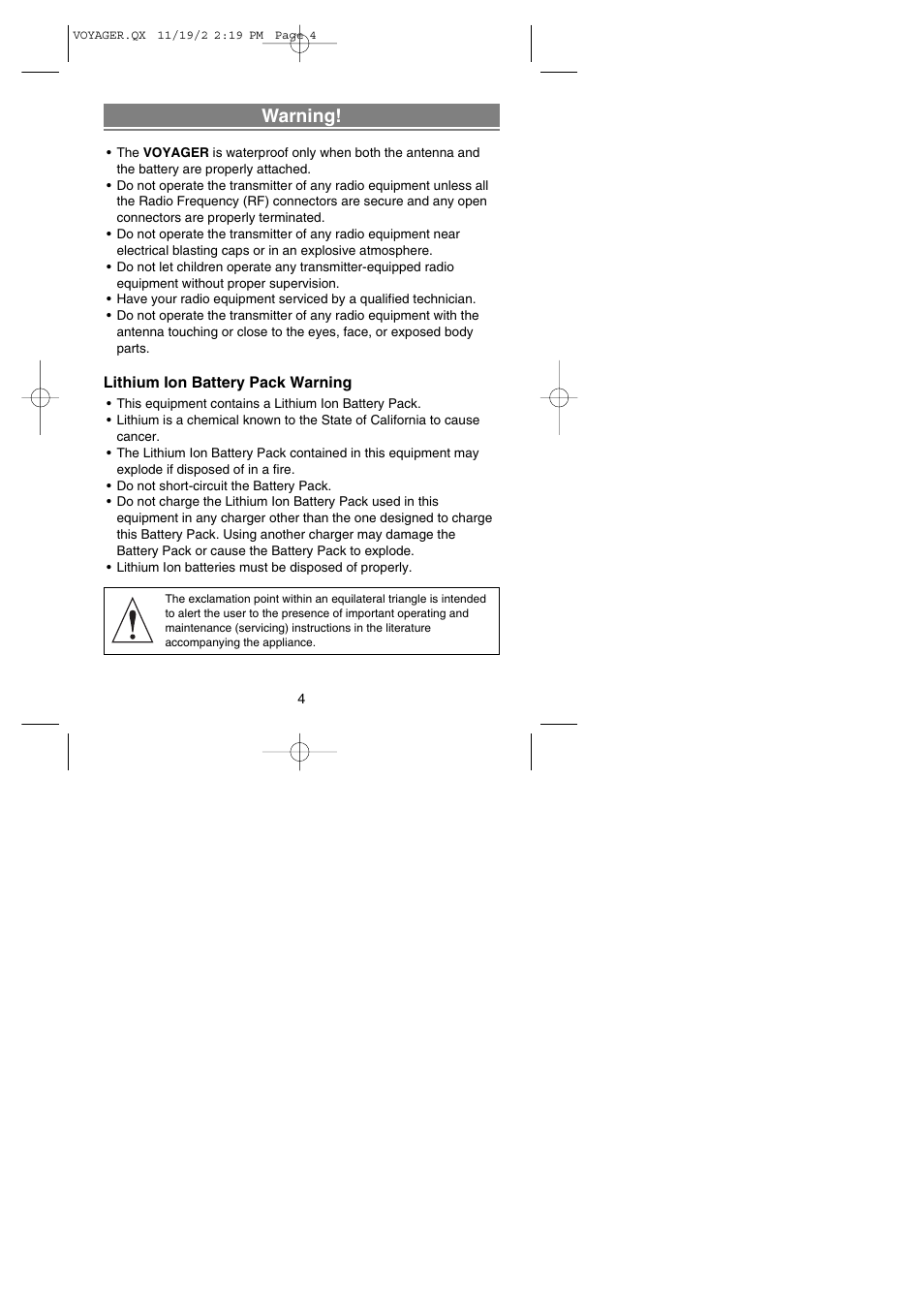 Warning | Uniden VOYAGER User Manual | Page 6 / 40