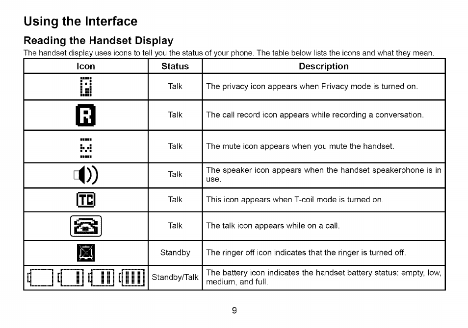 Using the interface, Using the interface reading the handset display, Icon status description | Uniden Cordless Telephone User Manual | Page 10 / 88