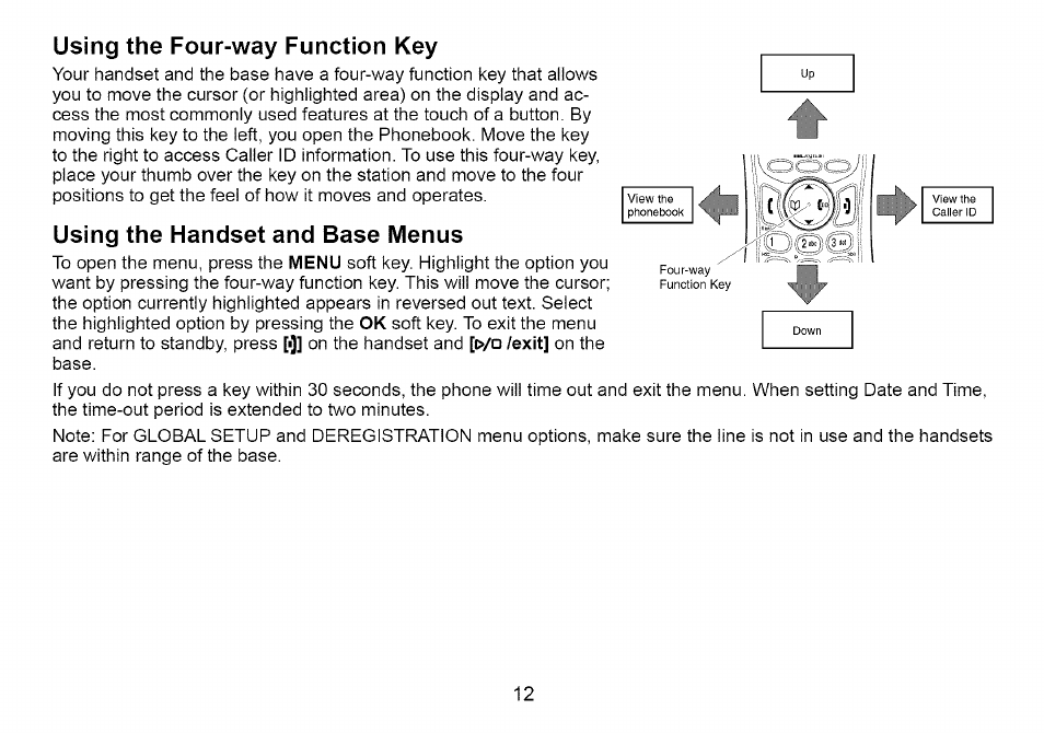 Using the four-way function key, Using the handset and base menus | Uniden Cordless Telephone User Manual | Page 13 / 88