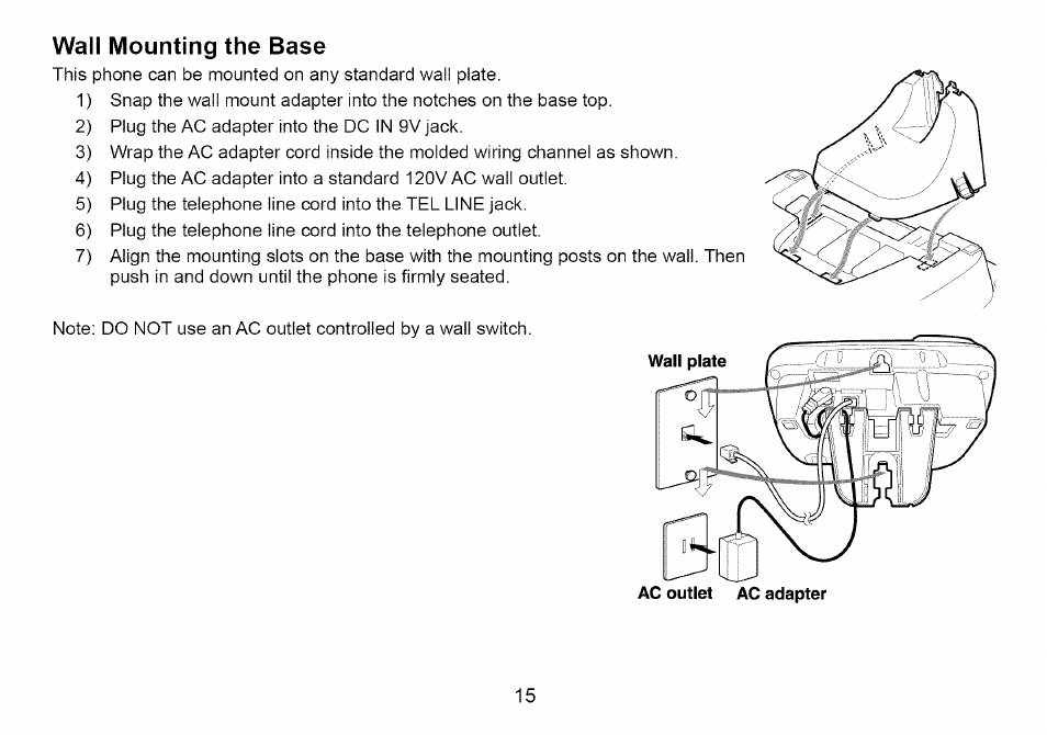 Wall mounting the base | Uniden Cordless Telephone User Manual | Page 16 / 88