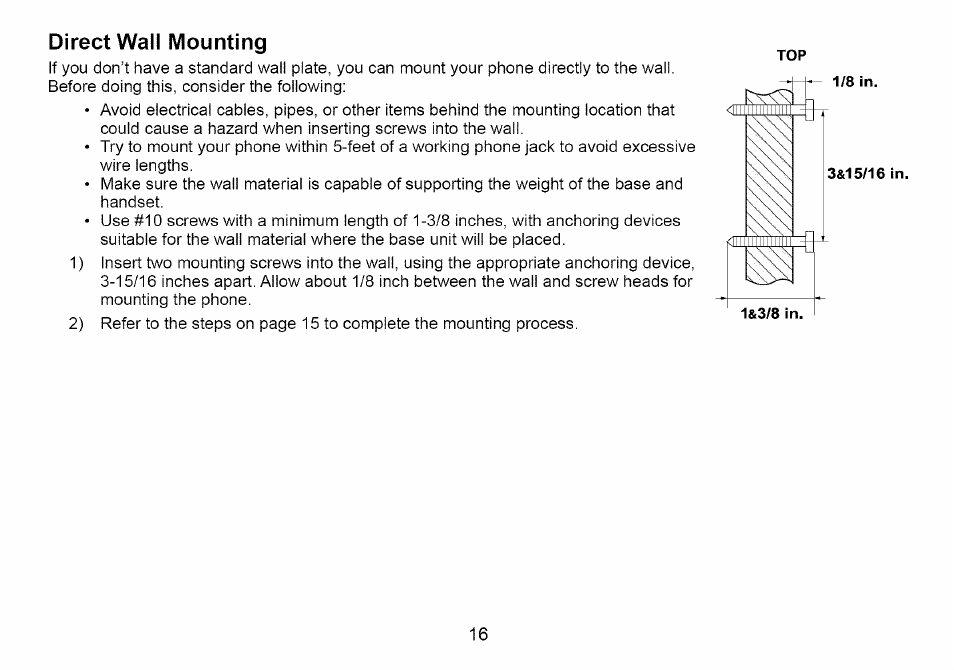 Direct wall mounting | Uniden Cordless Telephone User Manual | Page 17 / 88