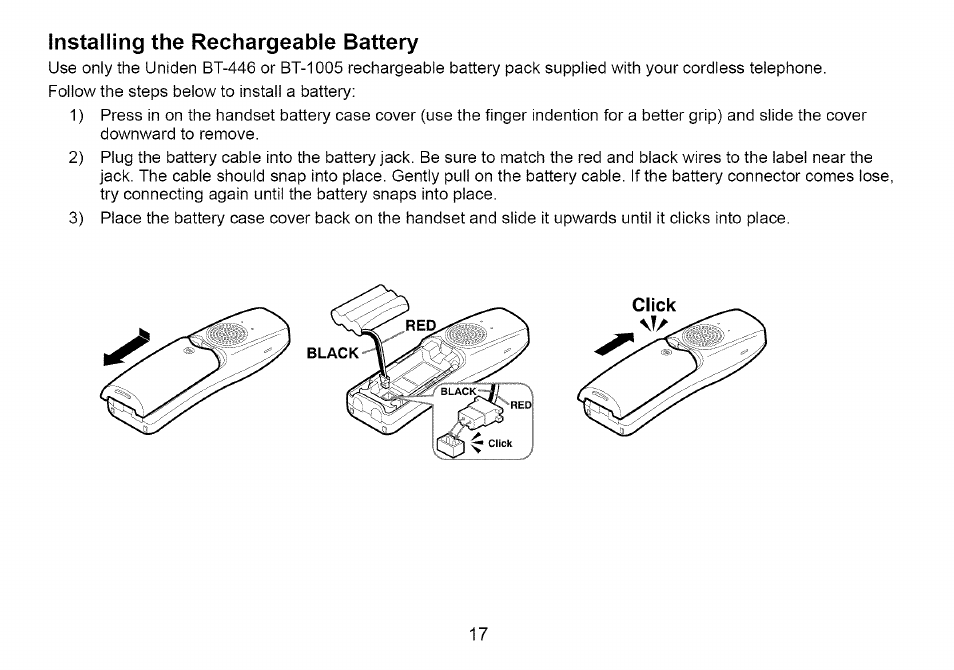 Installing the rechargeable battery | Uniden Cordless Telephone User Manual | Page 18 / 88