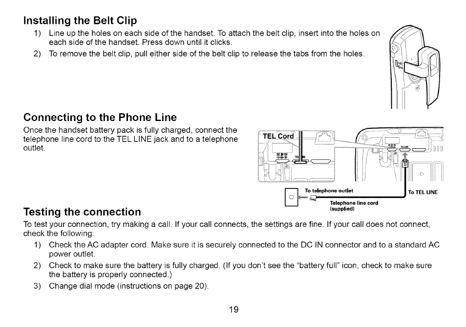 Installing the belt clip, Connecting to the phone line, Testing the connection | Uniden Cordless Telephone User Manual | Page 20 / 88