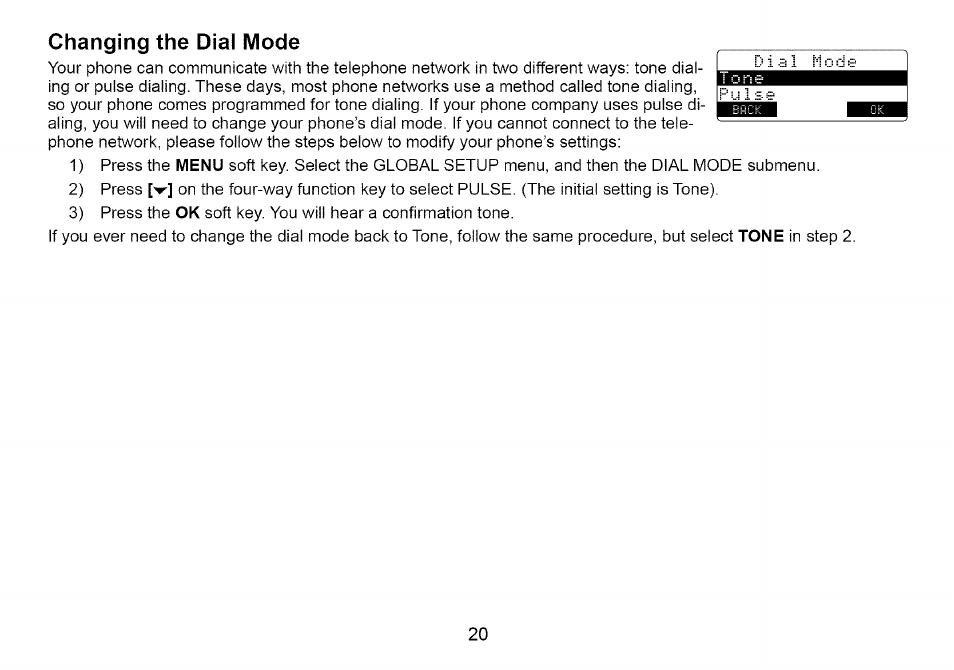 Changing the dial mode | Uniden Cordless Telephone User Manual | Page 21 / 88