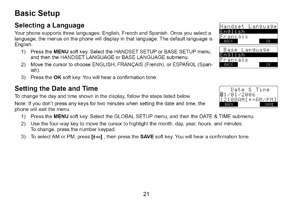 Basic setup, Selecting a language, Setting the date and time | Uniden Cordless Telephone User Manual | Page 22 / 88