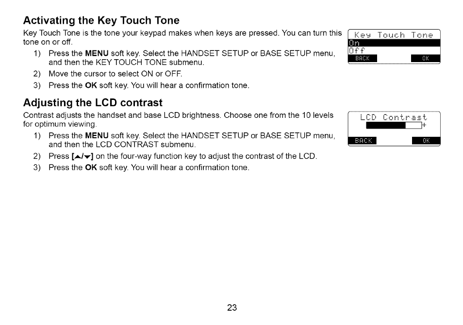 Activating the key touch tone, Adjusting the lcd contrast | Uniden Cordless Telephone User Manual | Page 24 / 88