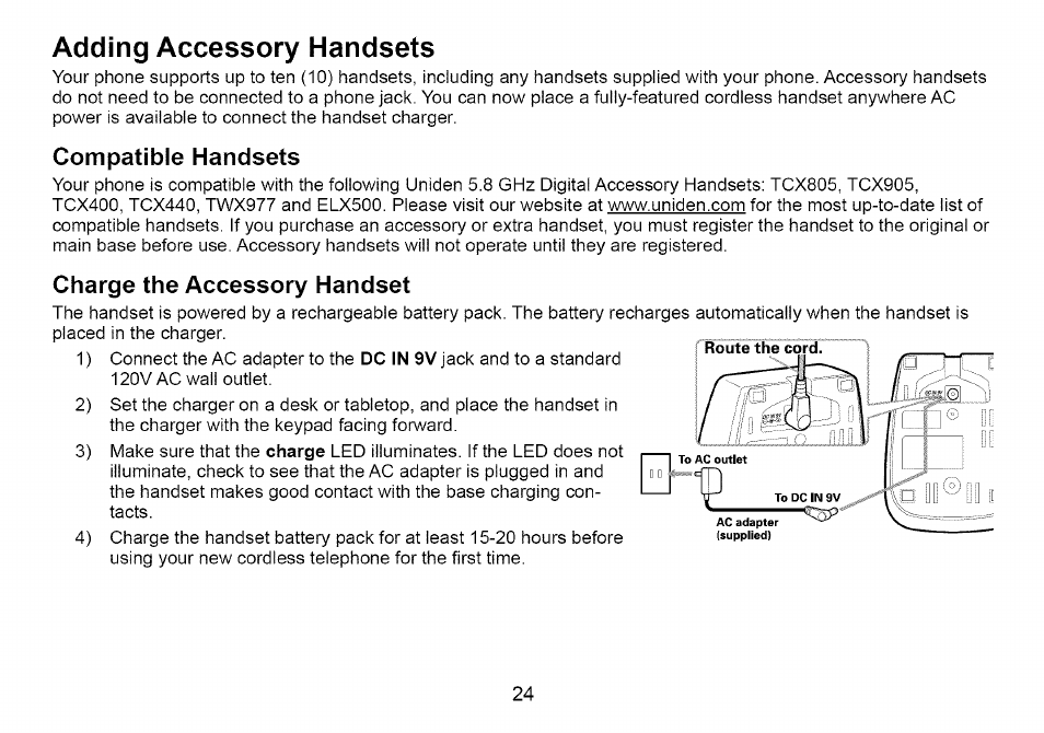 Adding accessory handsets, Compatible handsets, Charge the accessory handset | Uniden Cordless Telephone User Manual | Page 25 / 88