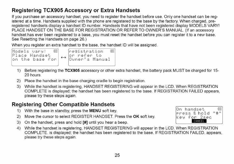 Registering tcx905 accessory or extra handsets, Registering other compatible handsets | Uniden Cordless Telephone User Manual | Page 26 / 88