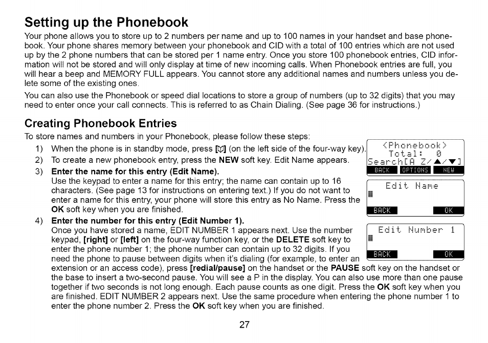 Setting up the phonebook, Creating phonebook entries | Uniden Cordless Telephone User Manual | Page 28 / 88