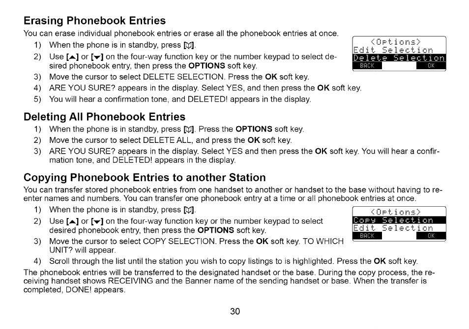 Erasing phonebook entries, Deleting all phonebook entries, Copying phonebook entries to another station | Uniden Cordless Telephone User Manual | Page 31 / 88