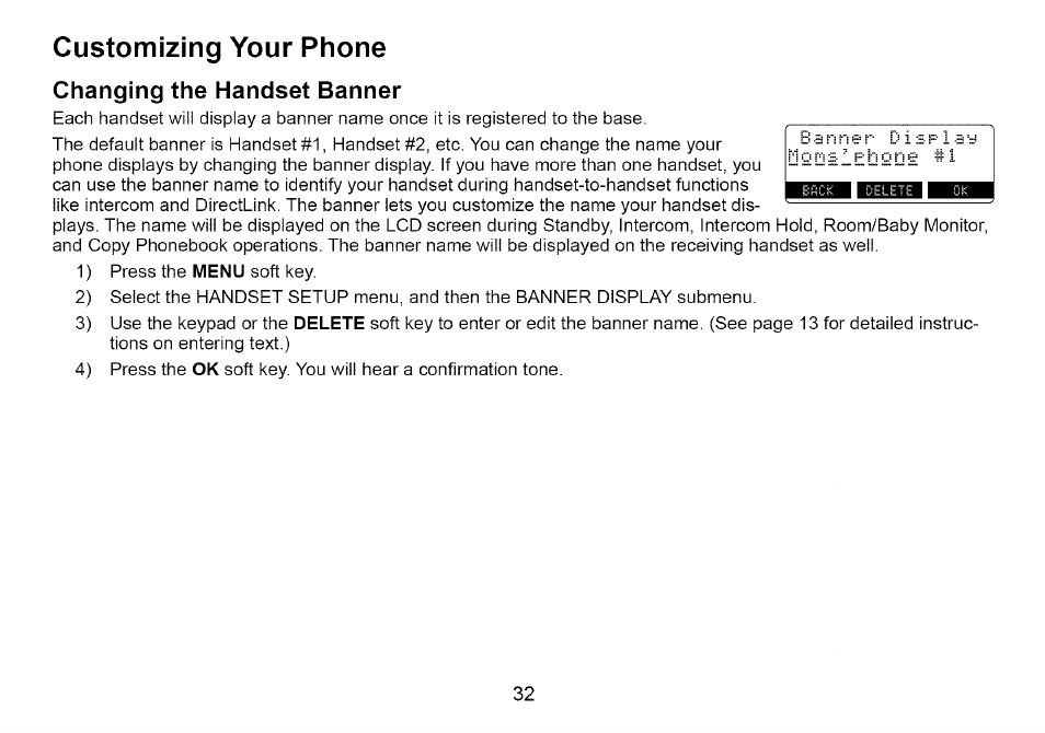Customizing your phone, Changing the handset banner | Uniden Cordless Telephone User Manual | Page 33 / 88