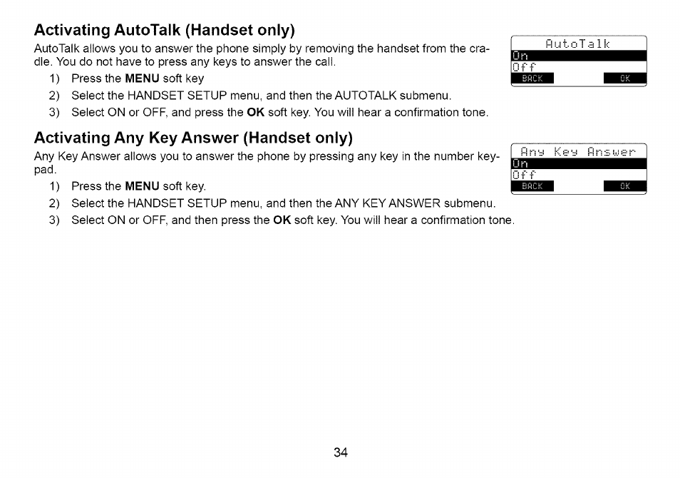 Activating autotalk (handset only), Activating any key answer (handset only) | Uniden Cordless Telephone User Manual | Page 35 / 88
