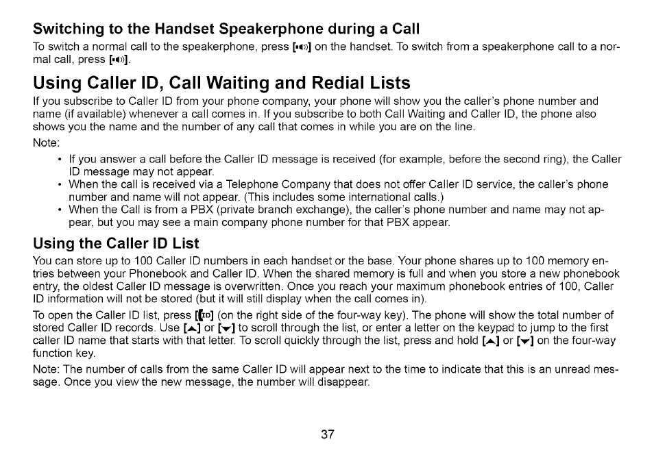 Using caller id, call waiting and redial lists, Using the caller id list | Uniden Cordless Telephone User Manual | Page 38 / 88