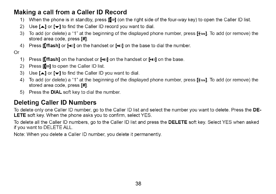 Making a call from a caller id record, Deleting caller id numbers | Uniden Cordless Telephone User Manual | Page 39 / 88