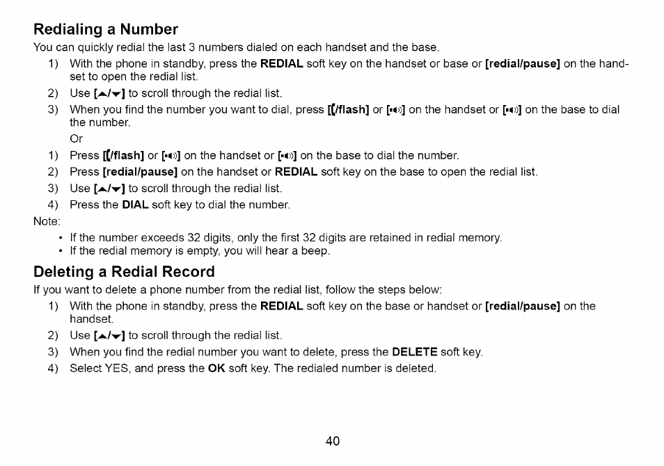 Redialing a number, Deleting a redial record | Uniden Cordless Telephone User Manual | Page 41 / 88