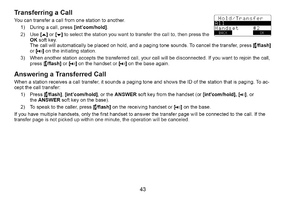 Transferring a call, Answering a transferred call | Uniden Cordless Telephone User Manual | Page 44 / 88