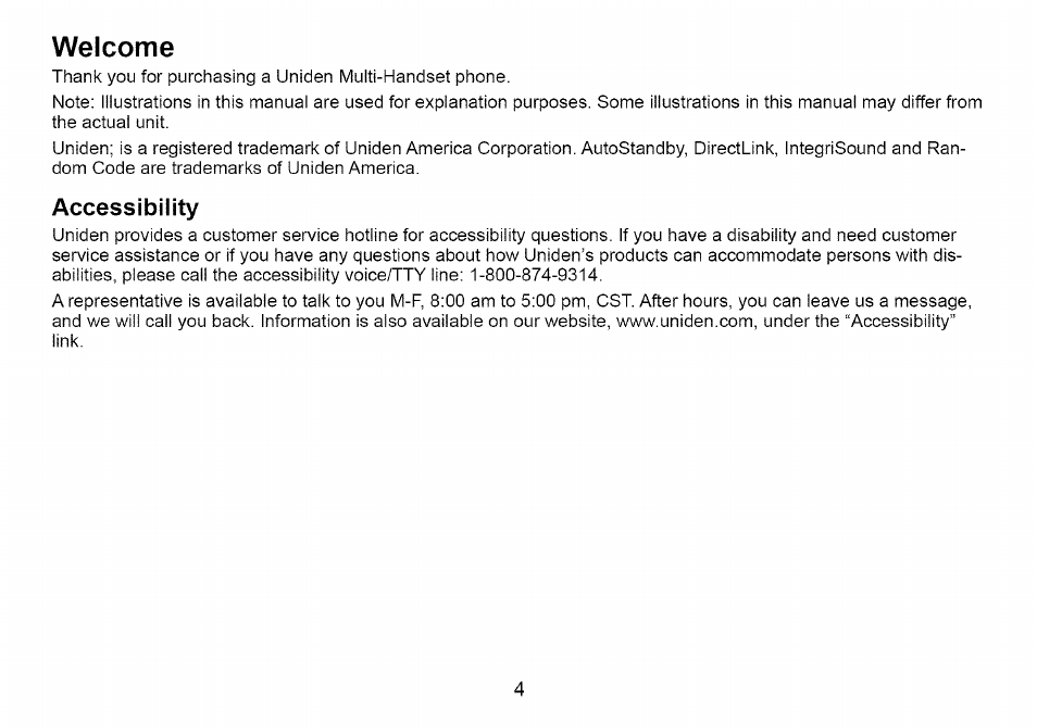 Welcome, Accessibility | Uniden Cordless Telephone User Manual | Page 5 / 88