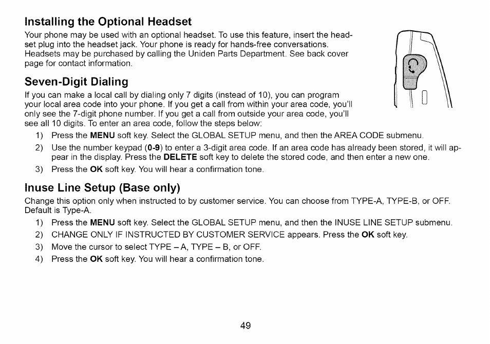 Installing the optional headset, Seven-digit dialing, Inuse line setup (base only) | Uniden Cordless Telephone User Manual | Page 50 / 88