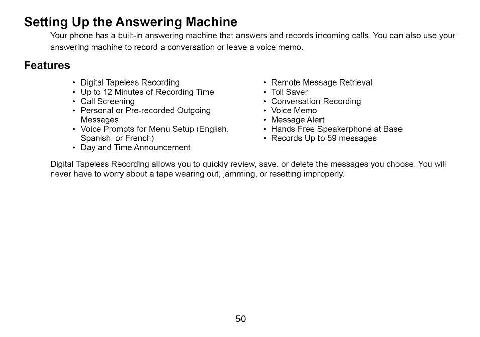 Setting up the answering machine, Features | Uniden Cordless Telephone User Manual | Page 51 / 88