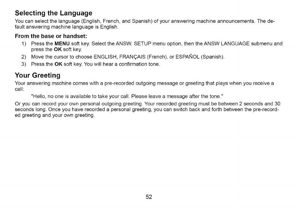 Selecting the language, Your greeting | Uniden Cordless Telephone User Manual | Page 53 / 88