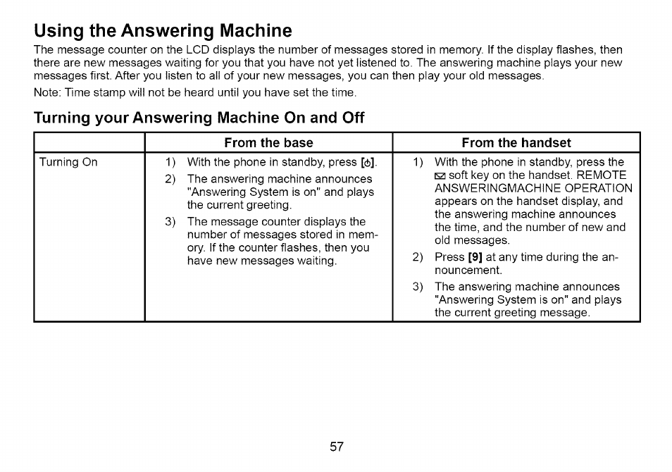 Using the answering machine, Turning your answering machine on and off | Uniden Cordless Telephone User Manual | Page 58 / 88
