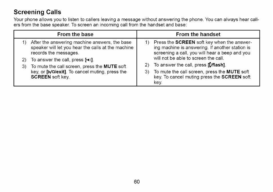 Screening calls | Uniden Cordless Telephone User Manual | Page 61 / 88