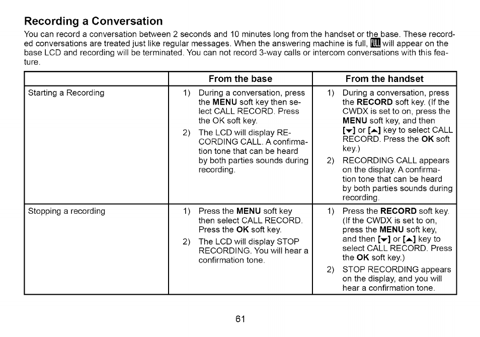 Recording a conversation | Uniden Cordless Telephone User Manual | Page 62 / 88
