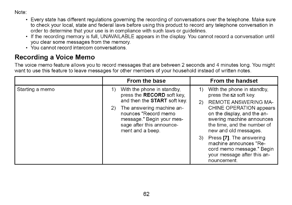 Recording a voice memo | Uniden Cordless Telephone User Manual | Page 63 / 88