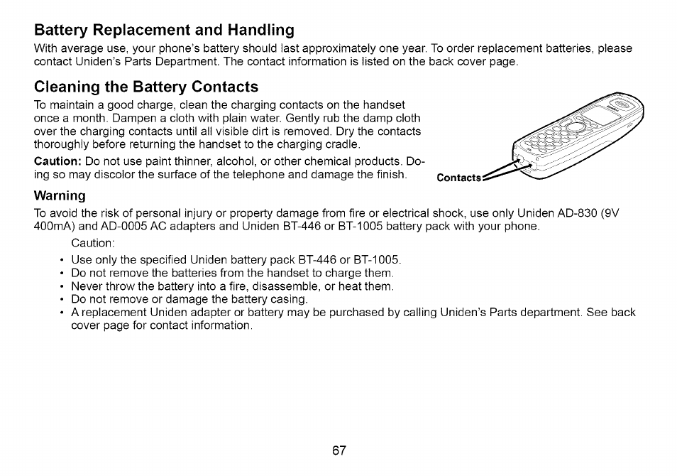 Battery replacement and handling, Cleaning the battery contacts | Uniden Cordless Telephone User Manual | Page 68 / 88