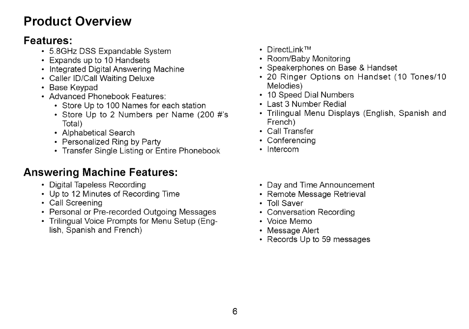 Product overview, Features, Answering machine features | Product overview features | Uniden Cordless Telephone User Manual | Page 7 / 88