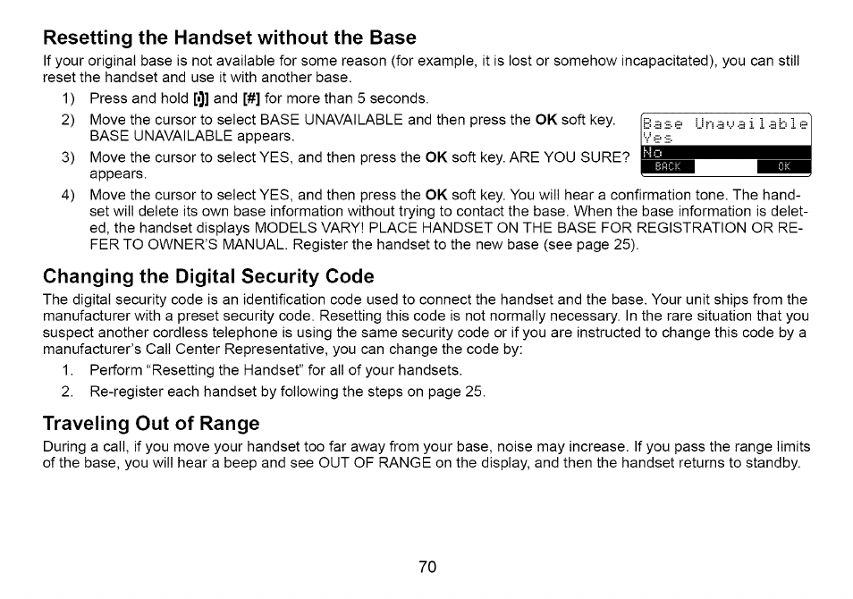 Resetting the handset without the base, Changing the digital security code, Traveling out of range | Uniden Cordless Telephone User Manual | Page 71 / 88