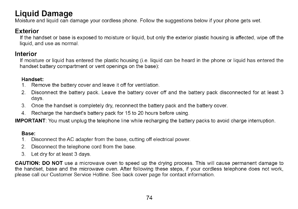 Liquid damage, Exterior, Interior | Uniden Cordless Telephone User Manual | Page 75 / 88