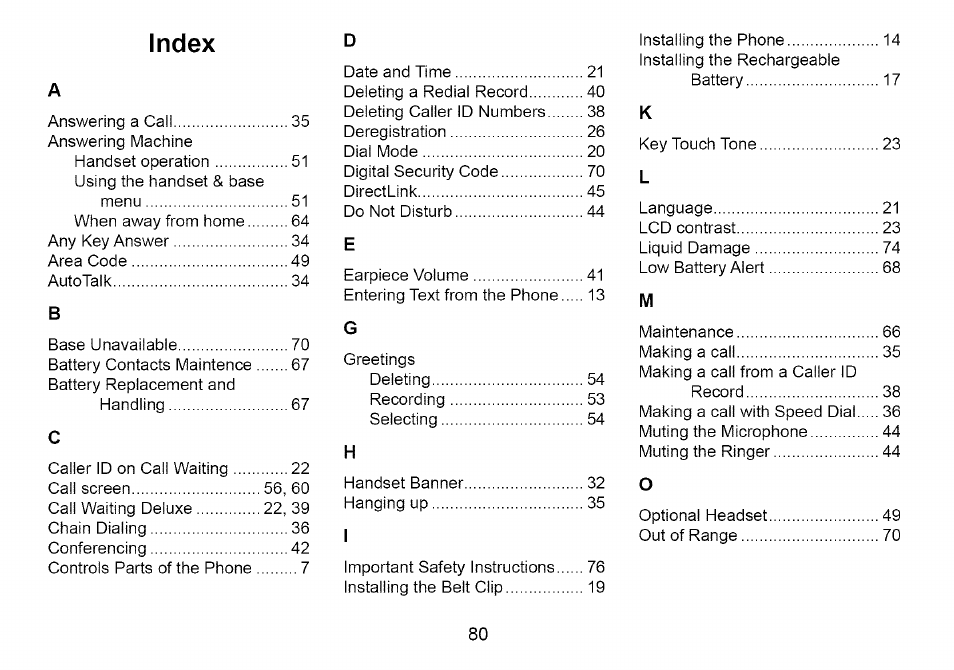 Index | Uniden Cordless Telephone User Manual | Page 81 / 88