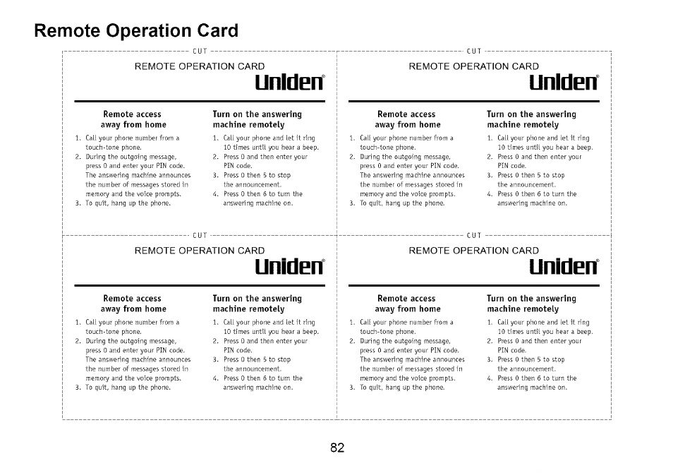 Remote operation card, Llnlden, Uniden | Uniden Cordless Telephone User Manual | Page 83 / 88