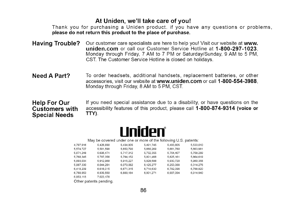Uniden, At uniden, we’ll take care of you, Having trouble | Need a part, Help for our customers with special needs | Uniden Cordless Telephone User Manual | Page 87 / 88
