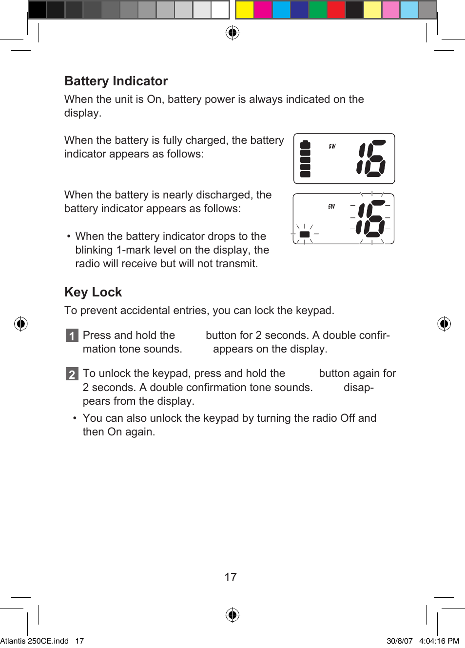 Battery indicator, Key lock | Uniden ATLANTIS 250 User Manual | Page 19 / 28
