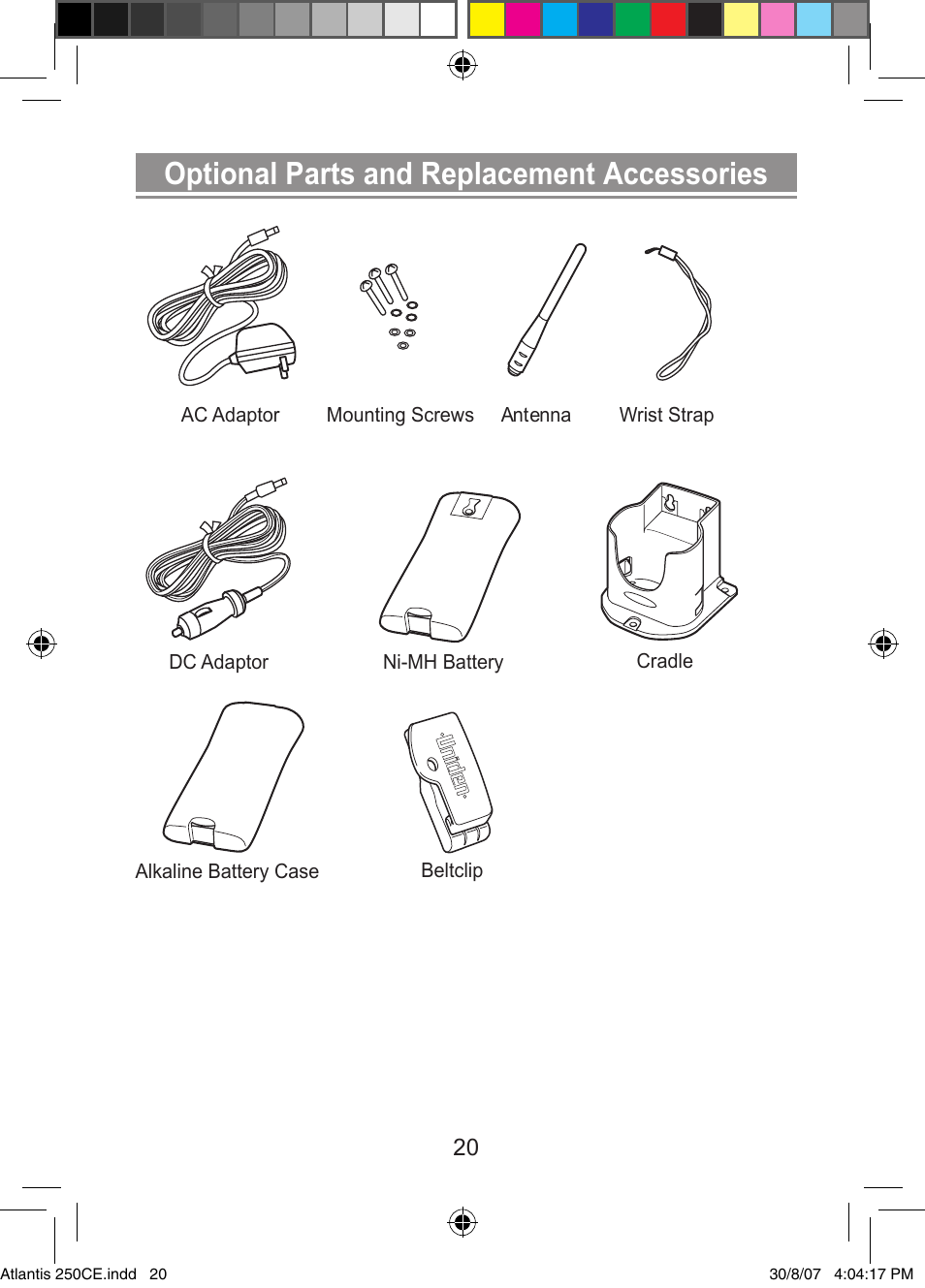 Optional parts and replacement accessories | Uniden ATLANTIS 250 User Manual | Page 22 / 28