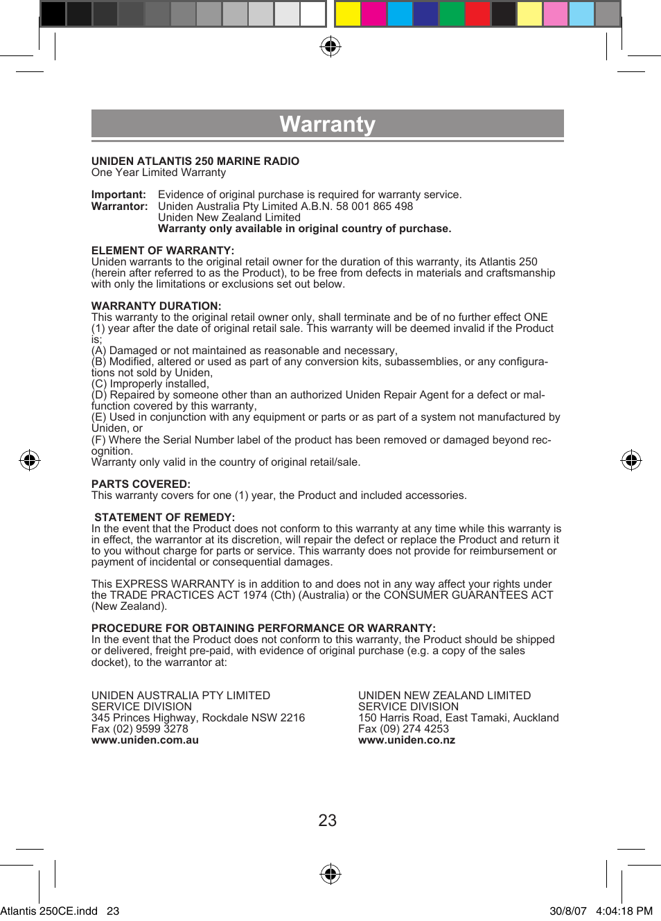 Warranty | Uniden ATLANTIS 250 User Manual | Page 25 / 28