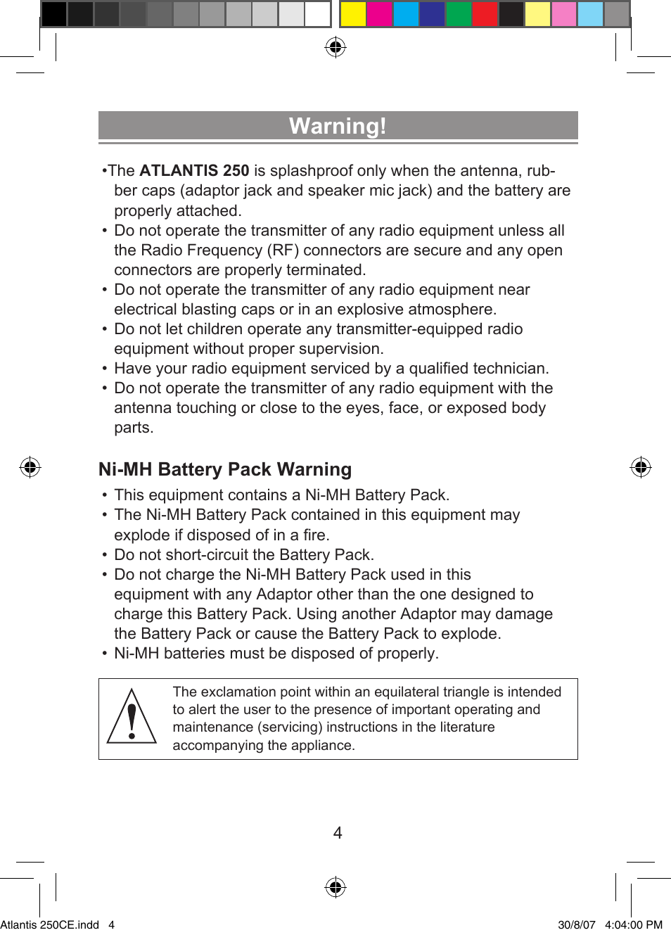 Warning, Ni-mh battery pack warning | Uniden ATLANTIS 250 User Manual | Page 6 / 28