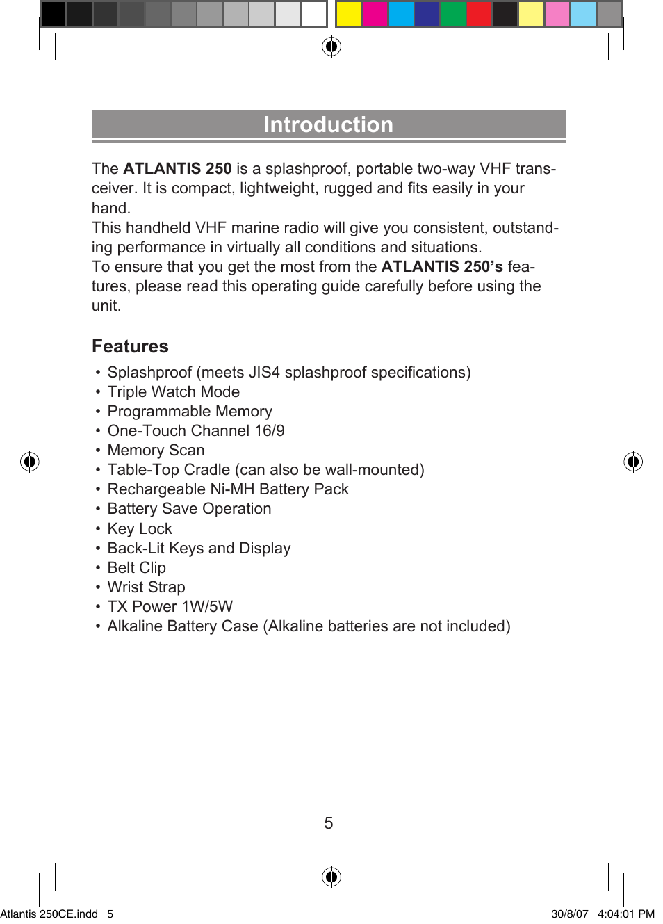 Introduction, Features | Uniden ATLANTIS 250 User Manual | Page 7 / 28