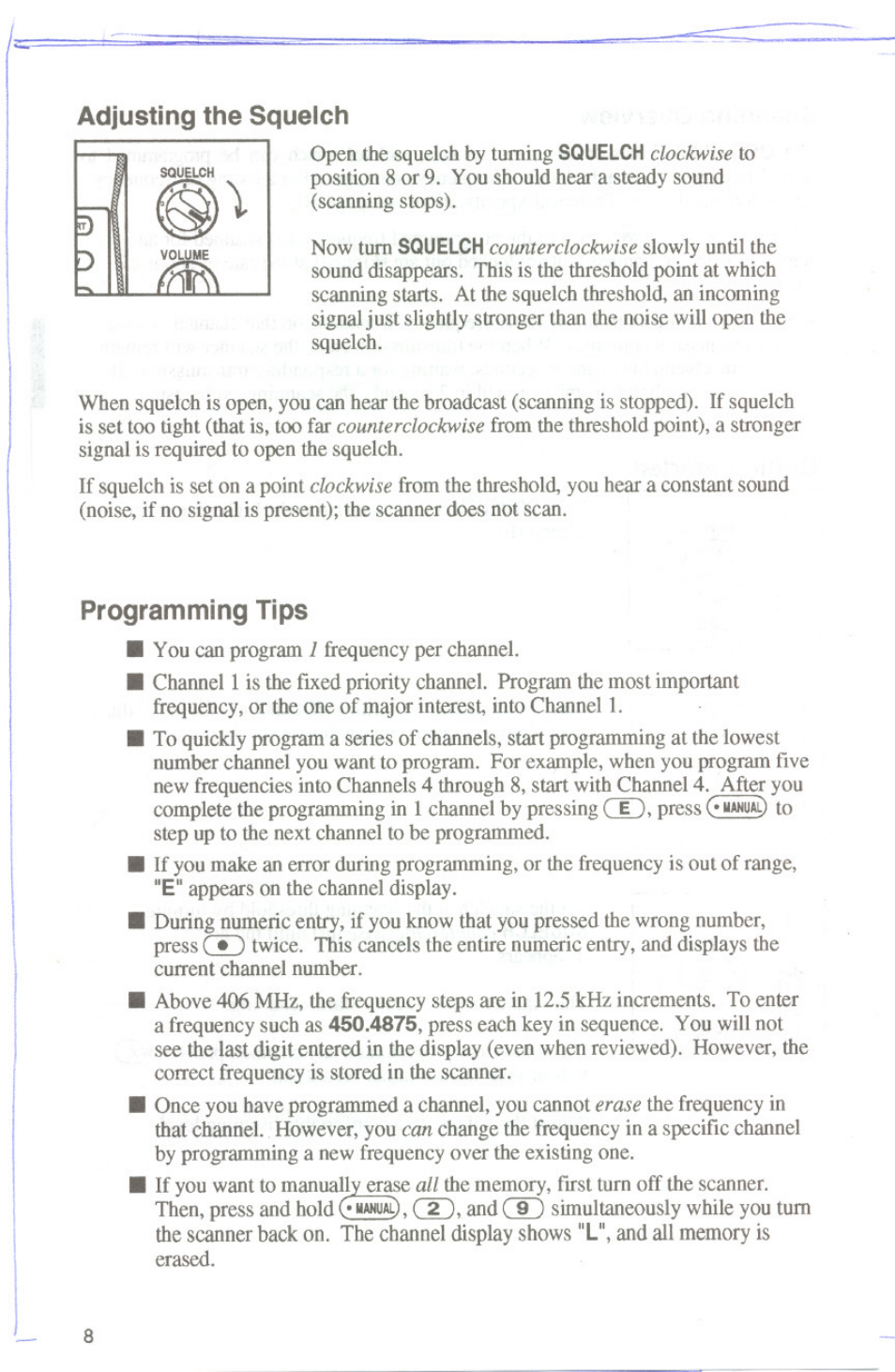 Adjusting the squelch, Programming tips | Uniden UBC144XLT User Manual | Page 10 / 20