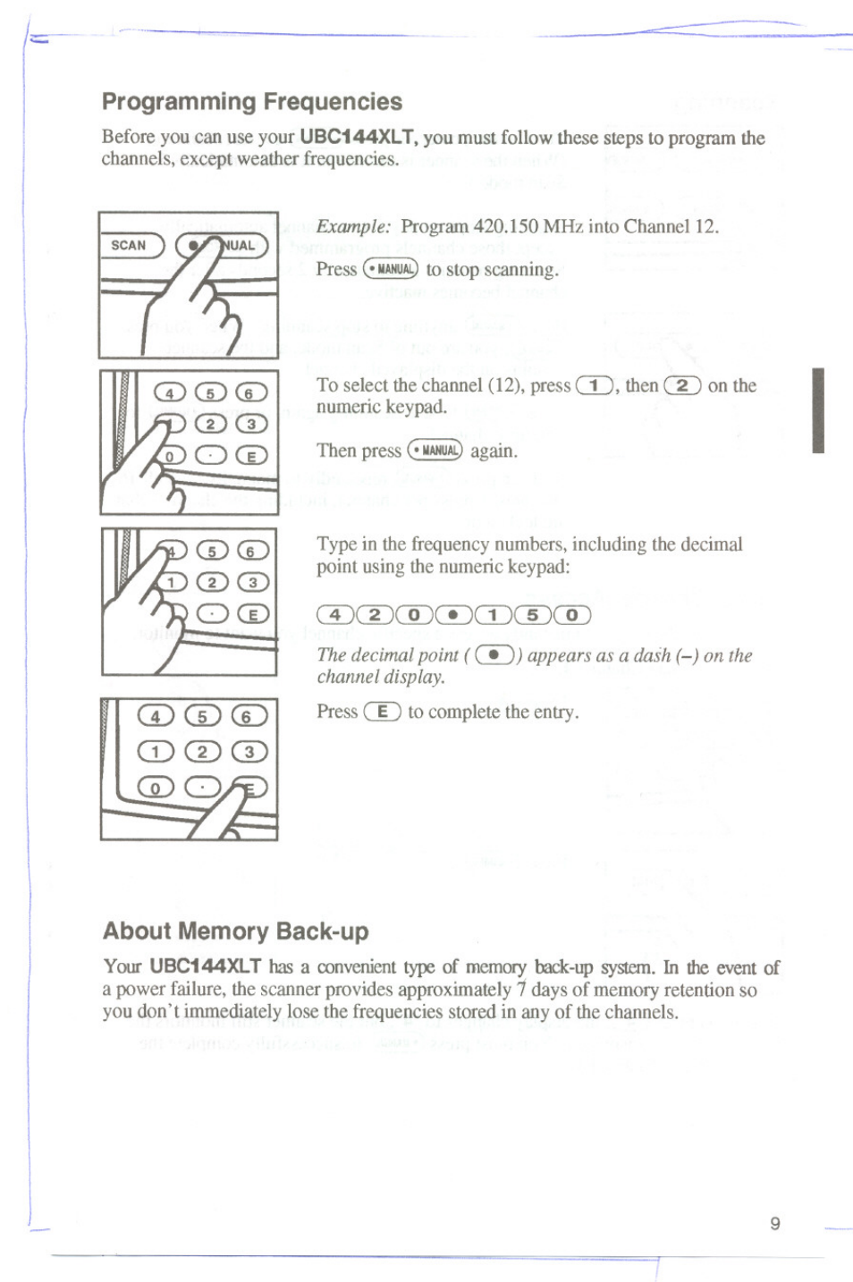 About memory back-up, Cd cd cd cd cd cd, Cdcdcdcdcdcdcd | Programming frequencies | Uniden UBC144XLT User Manual | Page 11 / 20