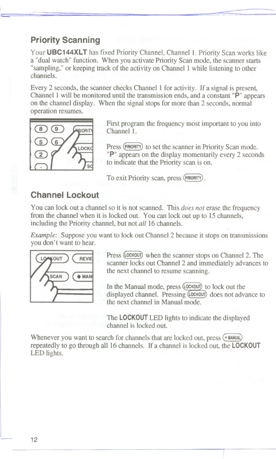 Priority scanning, Channel lockout, Priority scanning channel lockout | Uniden UBC144XLT User Manual | Page 14 / 20