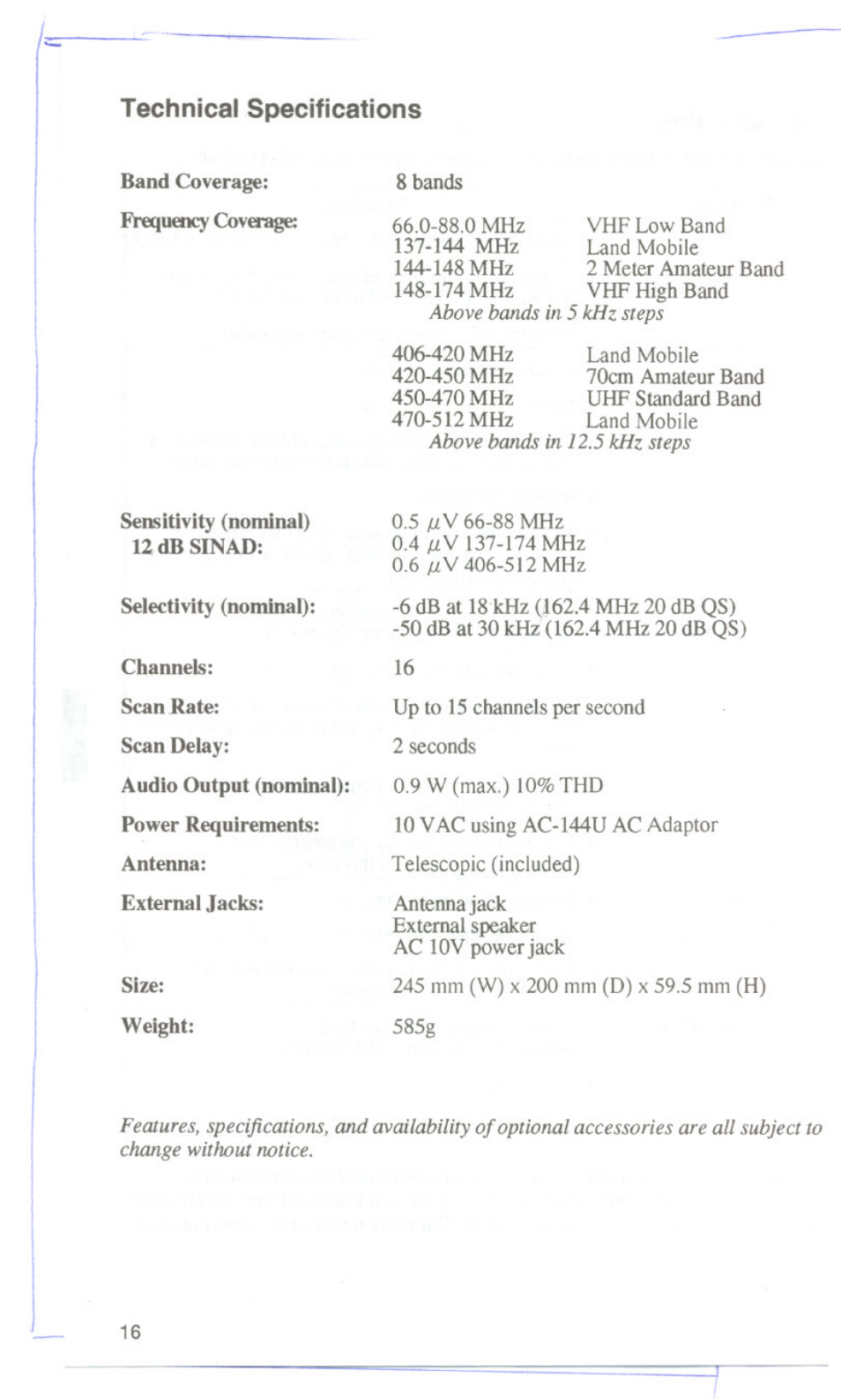 Technical specifications, Band coverage: frequency coverage | Uniden UBC144XLT User Manual | Page 18 / 20